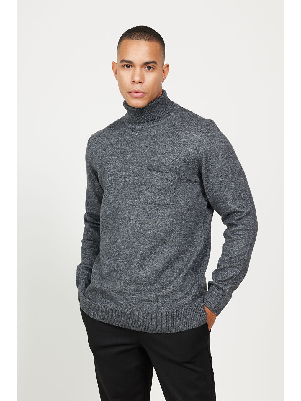 Erkek Antrasit-Melanj Standart Fit Normal Kesim Tam Balıkçı Yaka Triko Kazak-2