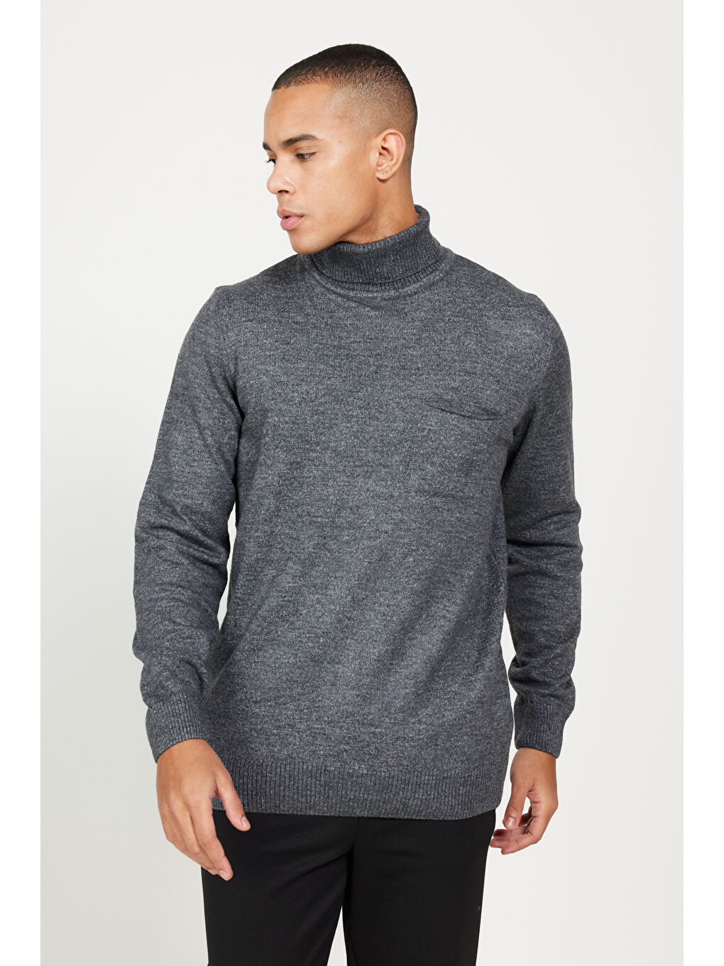 Erkek Antrasit-Melanj Standart Fit Normal Kesim Tam Balıkçı Yaka Triko Kazak-3