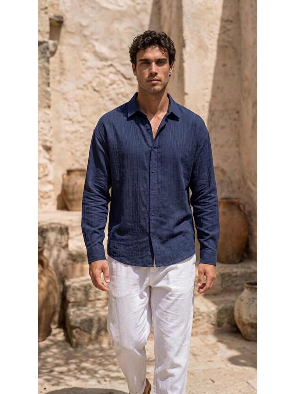Lacivert Erkek Armürlü Yarım Oversize Müslin Gömlek-1