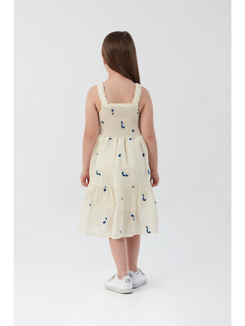 Mavi Çiçek Nakışlı Gipeli Kız Çocuk Elbise-2