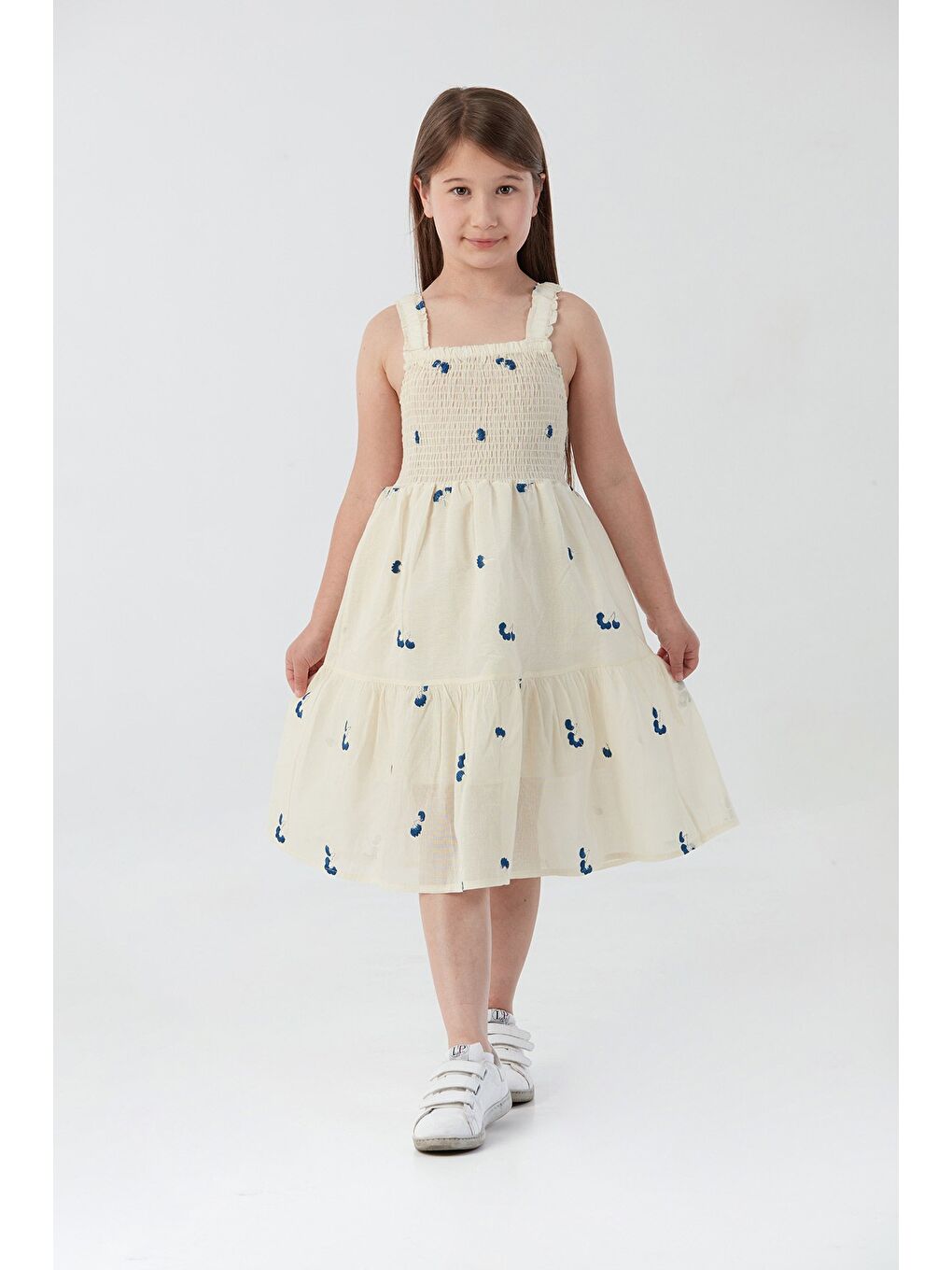 Mavi Çiçek Nakışlı Gipeli Kız Çocuk Elbise-3