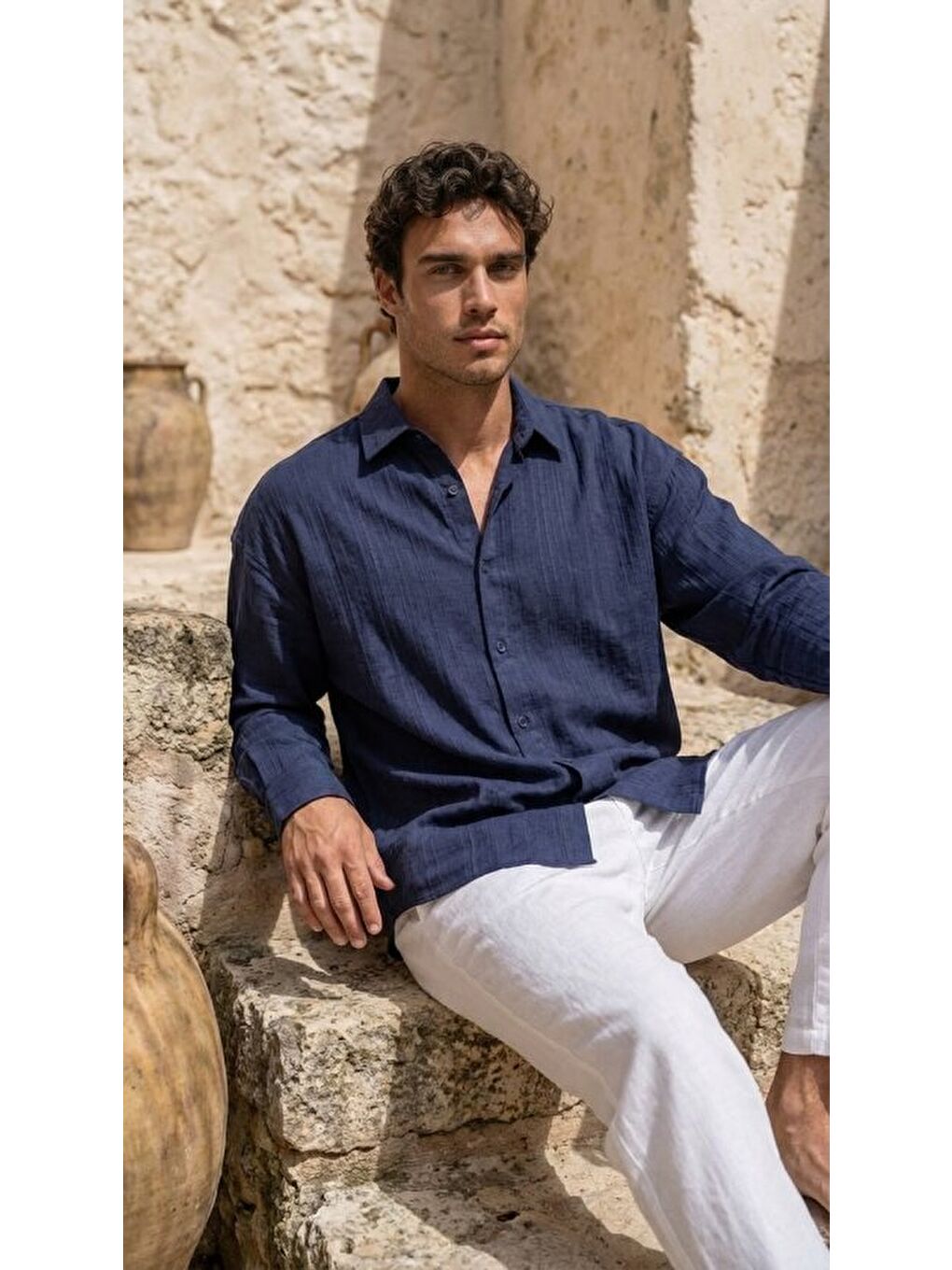 Lacivert Erkek Armürlü Yarım Oversize Müslin Gömlek-2