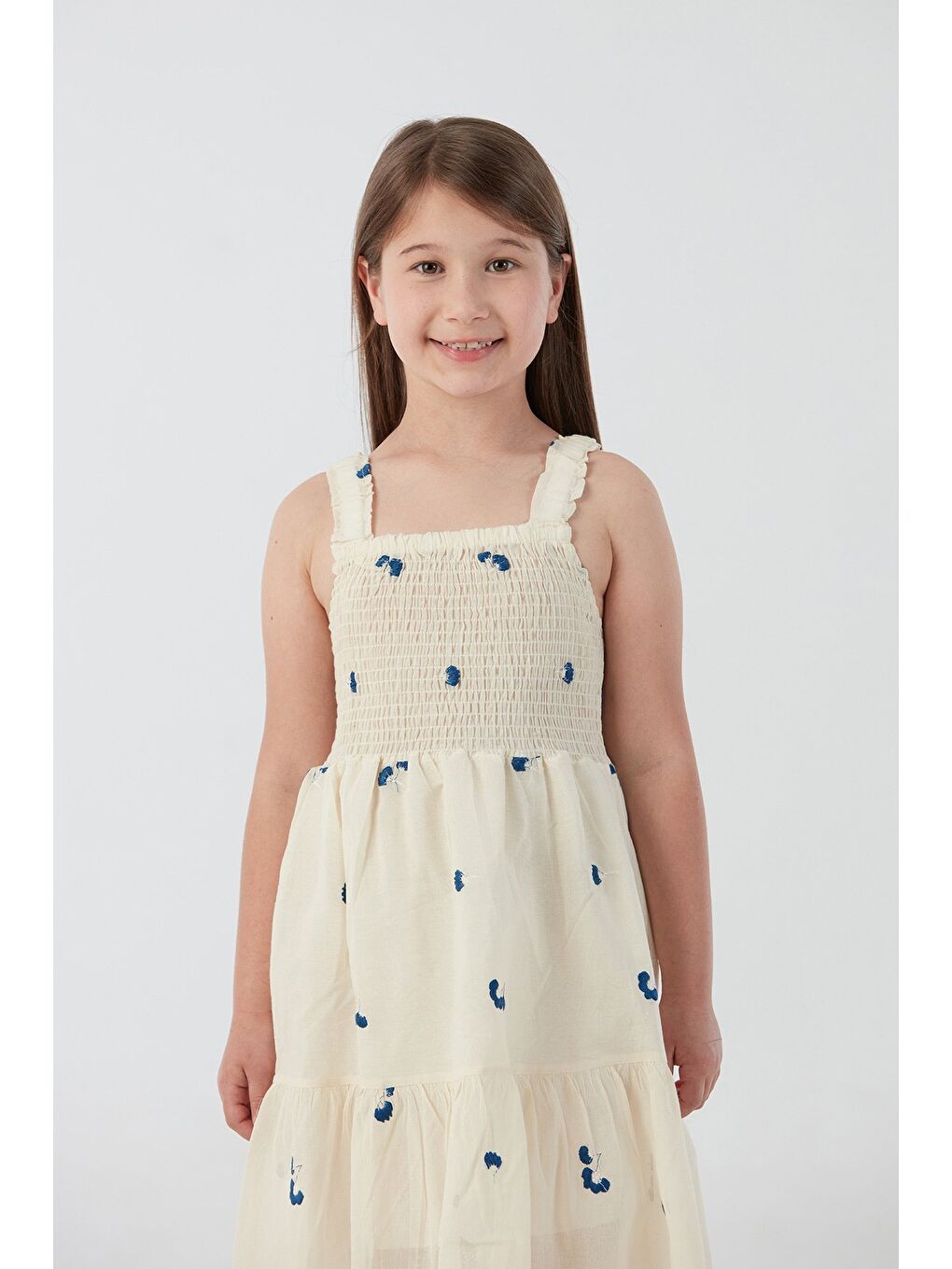 Mavi Çiçek Nakışlı Gipeli Kız Çocuk Elbise-4