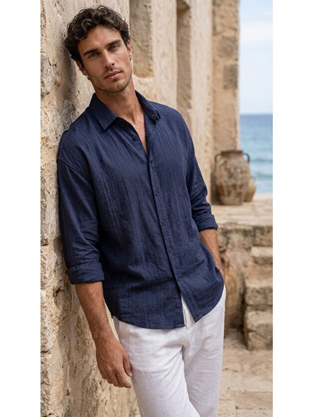 Lacivert Erkek Armürlü Yarım Oversize Müslin Gömlek-3