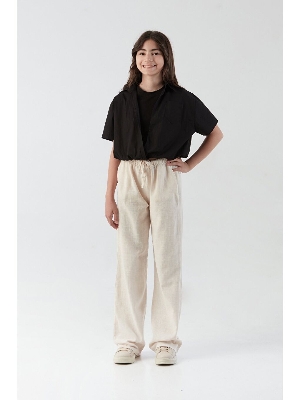 Ekru Beli Bağlamalı Kız Çocuk Palazzo Pantolon