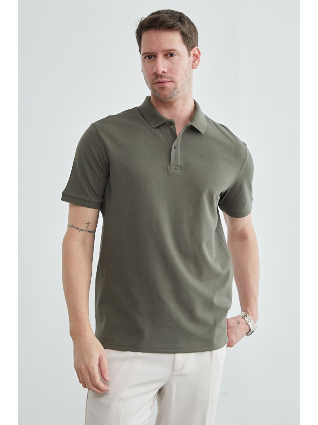 Haki Basic Polo Yaka Pike Tişört-2