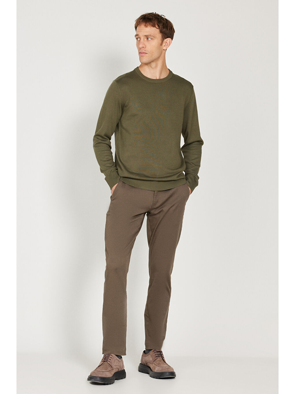 Erkek Haki Standart Fit Normal Kesim Bisiklet Yaka Triko Kazak-1