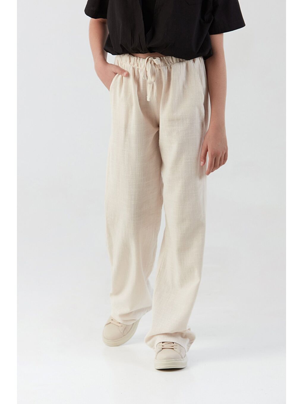 Ekru Beli Bağlamalı Kız Çocuk Palazzo Pantolon-1