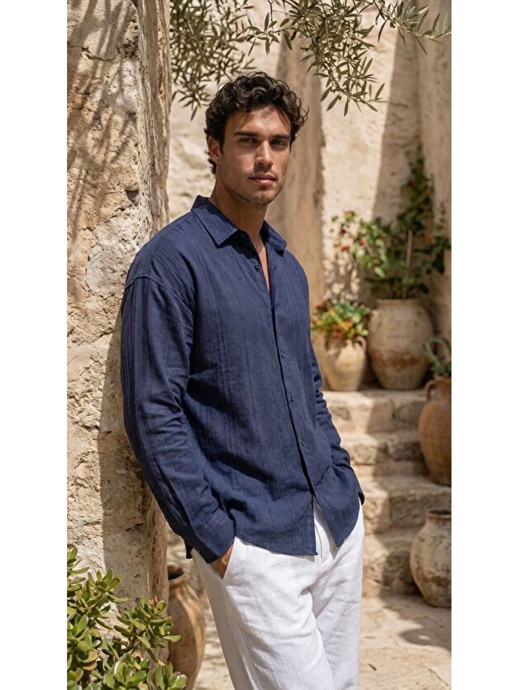 Lacivert Erkek Armürlü Yarım Oversize Müslin Gömlek-4