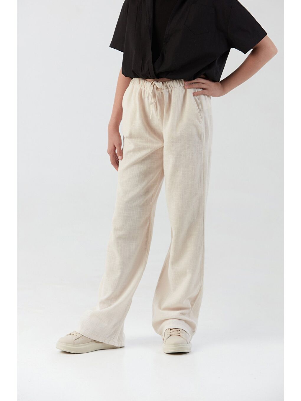 Ekru Beli Bağlamalı Kız Çocuk Palazzo Pantolon-3