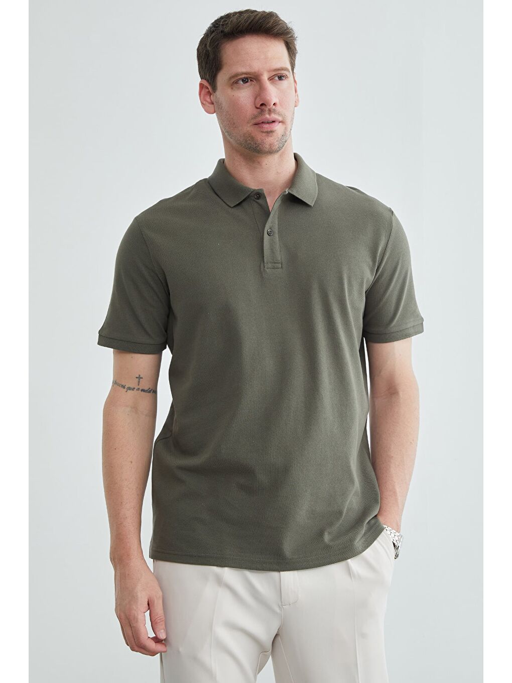 Haki Basic Polo Yaka Pike Tişört-3