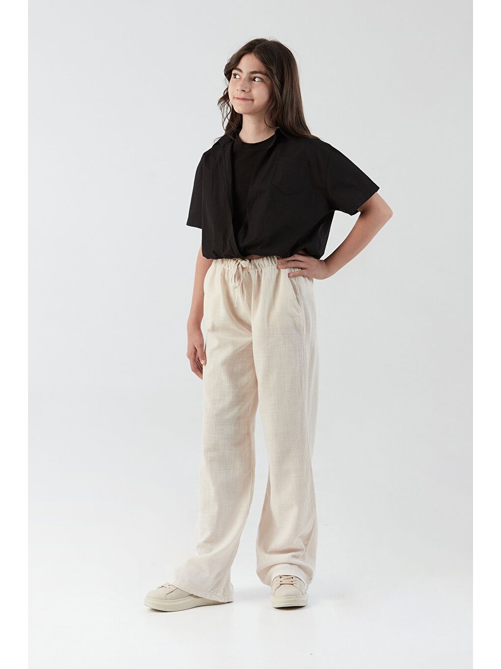 Ekru Beli Bağlamalı Kız Çocuk Palazzo Pantolon-4