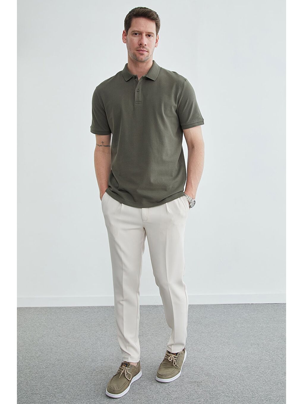 Haki Basic Polo Yaka Pike Tişört-4