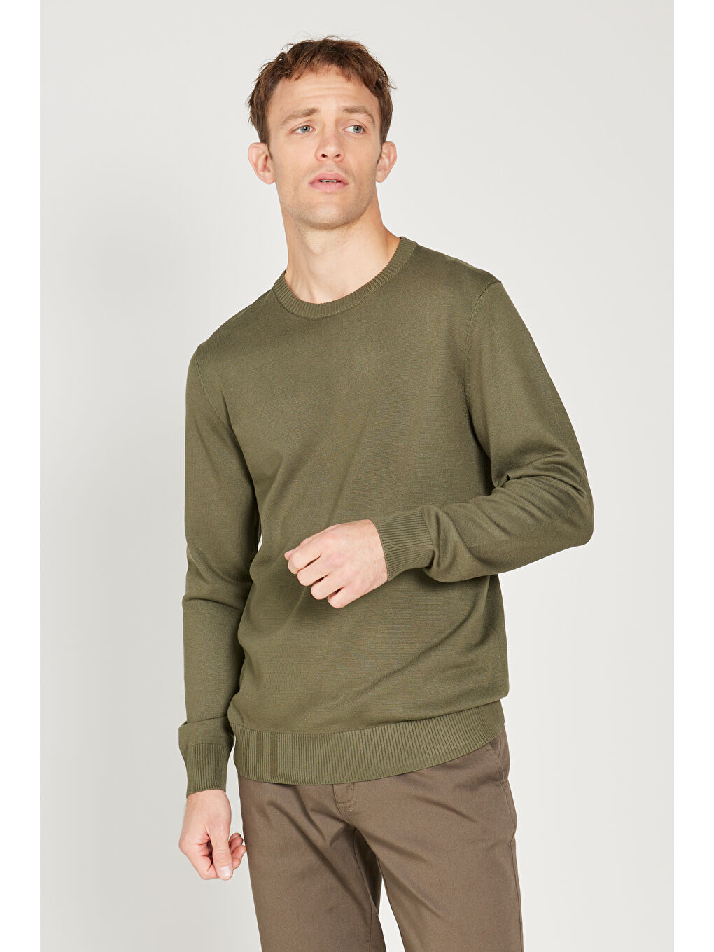 Erkek Haki Standart Fit Normal Kesim Bisiklet Yaka Triko Kazak-2