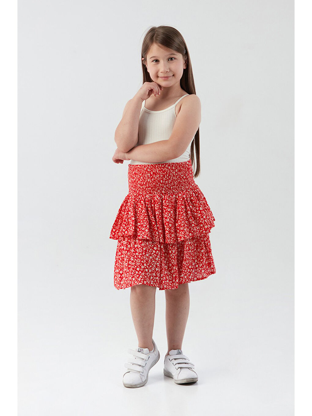 Kırmızı Çiçek Desenli Fırfırlı Kız Çocuk Etek