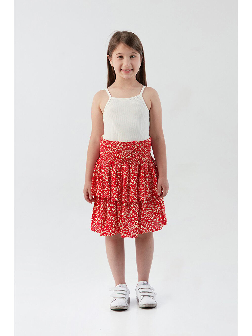Kırmızı Çiçek Desenli Fırfırlı Kız Çocuk Etek-1
