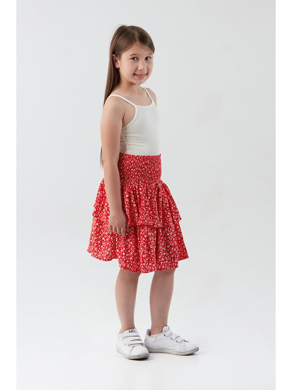 Kırmızı Çiçek Desenli Fırfırlı Kız Çocuk Etek-2