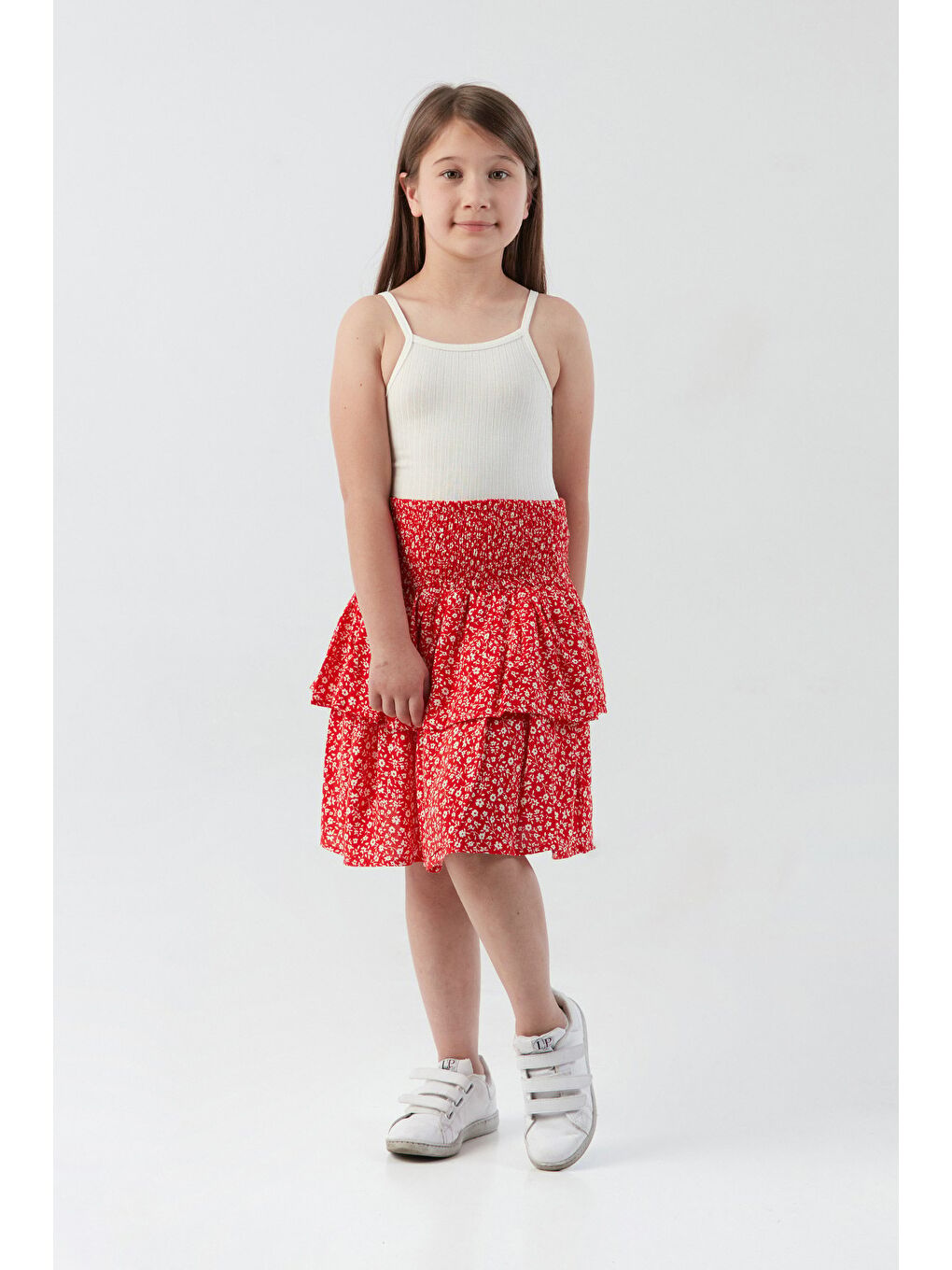 Kırmızı Çiçek Desenli Fırfırlı Kız Çocuk Etek-3