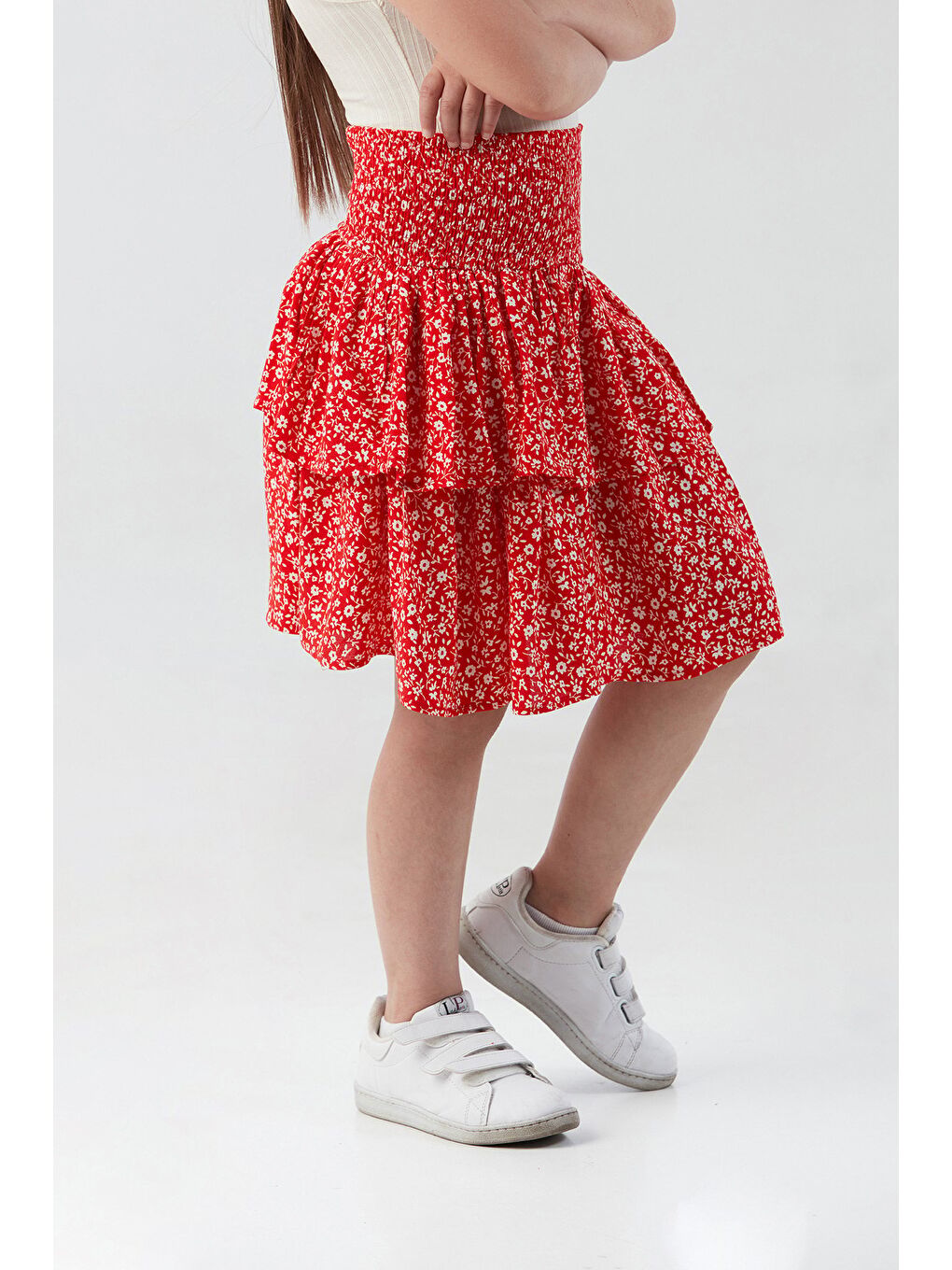 Kırmızı Çiçek Desenli Fırfırlı Kız Çocuk Etek-4