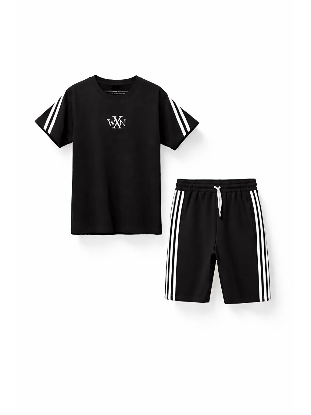 Siyah Logolu Tişörtlü Şerit Detaylı Şortlu Erkek Çocuk Takım 23811-2