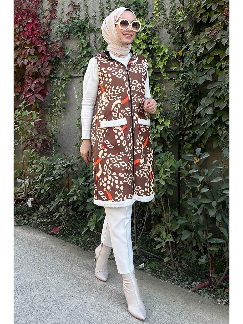 Kapüşonlu Kadın Kahverengi Yelek - 11077-2