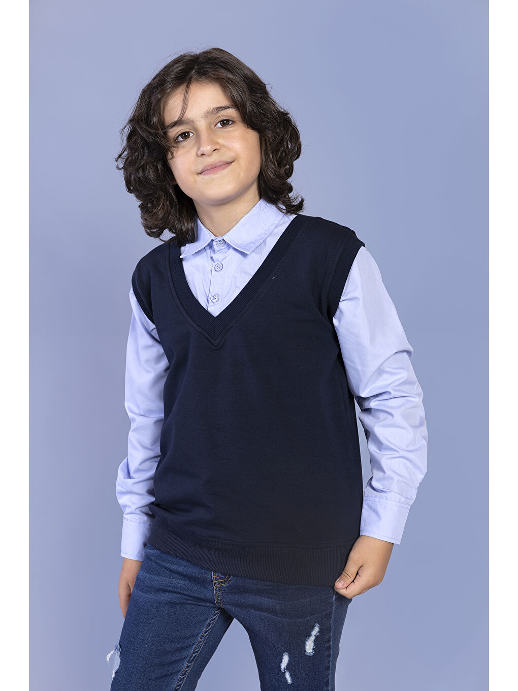 Siyah Erkek Çocuk Süveterli Okul Gömlek-2