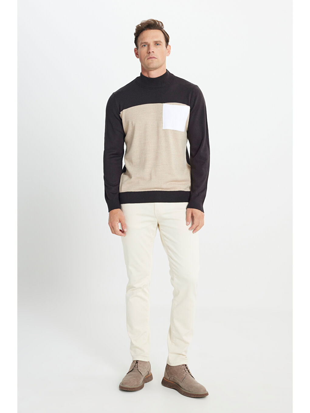 Kahverengi Erkek Kahve-Bej Standart Fit Normal Kesim Yarım Balıkçı Yaka Triko Kazak-1