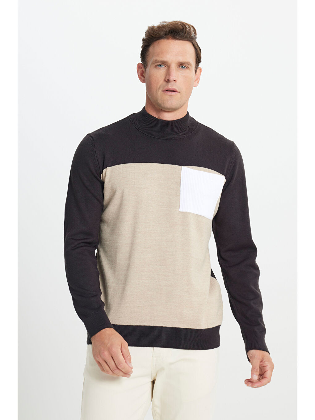 Kahverengi Erkek Kahve-Bej Standart Fit Normal Kesim Yarım Balıkçı Yaka Triko Kazak-2