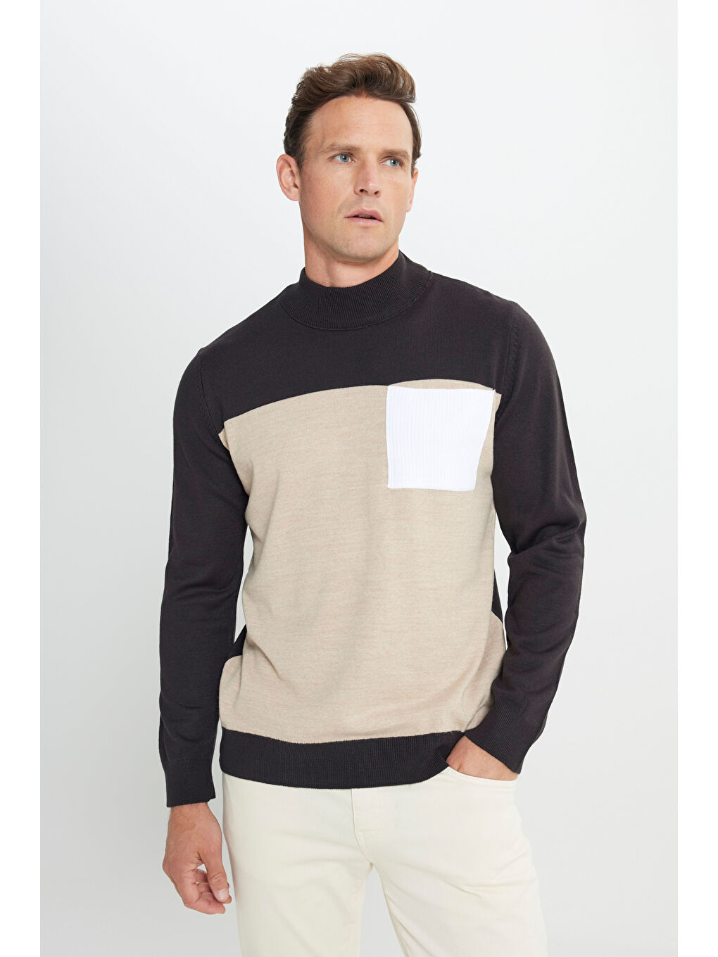 Kahverengi Erkek Kahve-Bej Standart Fit Normal Kesim Yarım Balıkçı Yaka Triko Kazak-3