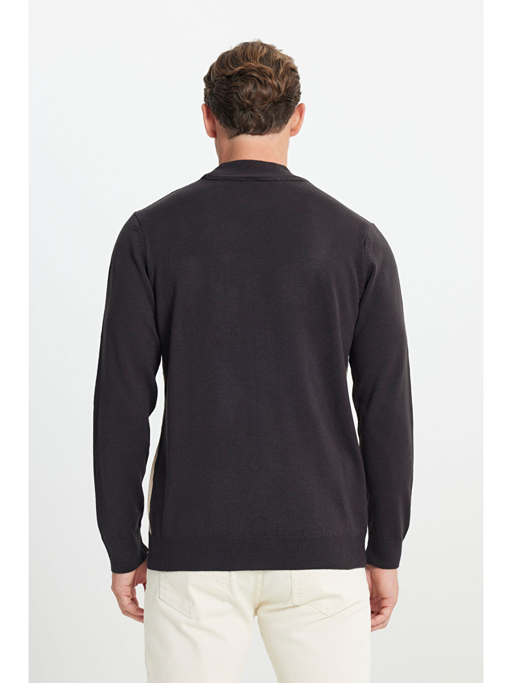 Kahverengi Erkek Kahve-Bej Standart Fit Normal Kesim Yarım Balıkçı Yaka Triko Kazak-4