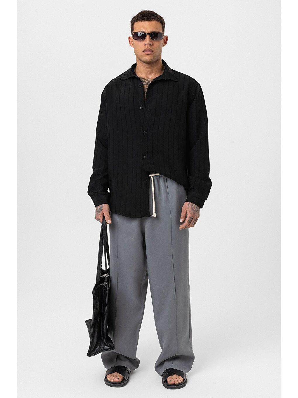 Kemer Detaylı Baggy Kumaş Erkek Pantolon Gri