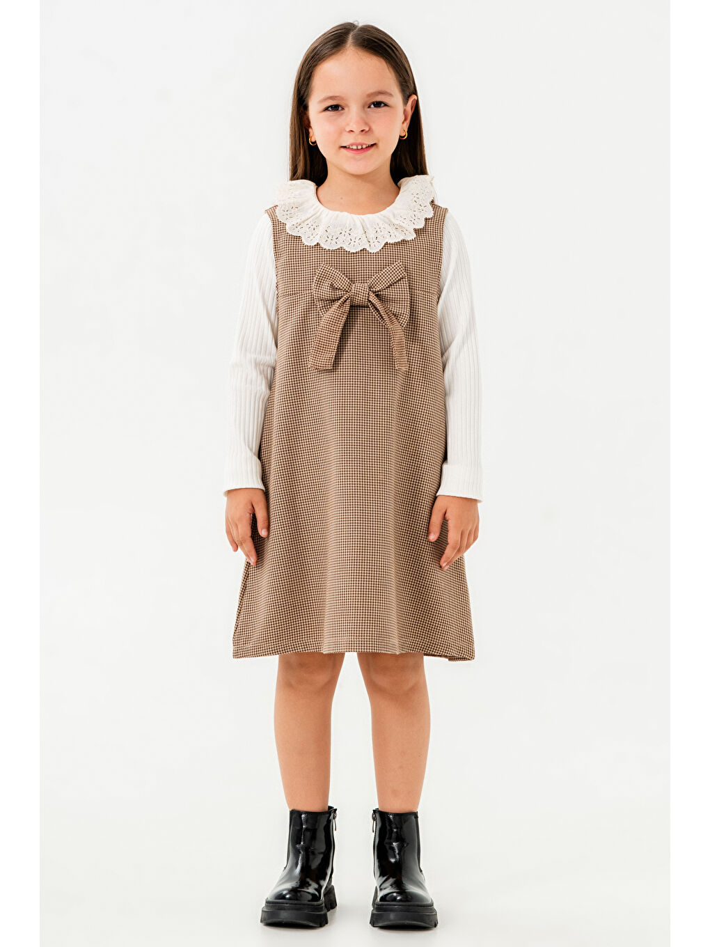 Kahverengi Kız Çocuk Kahve Ekose Kurdeleli Yaka Detaylı 3-7 Yaş Badili Elbise 3704-3