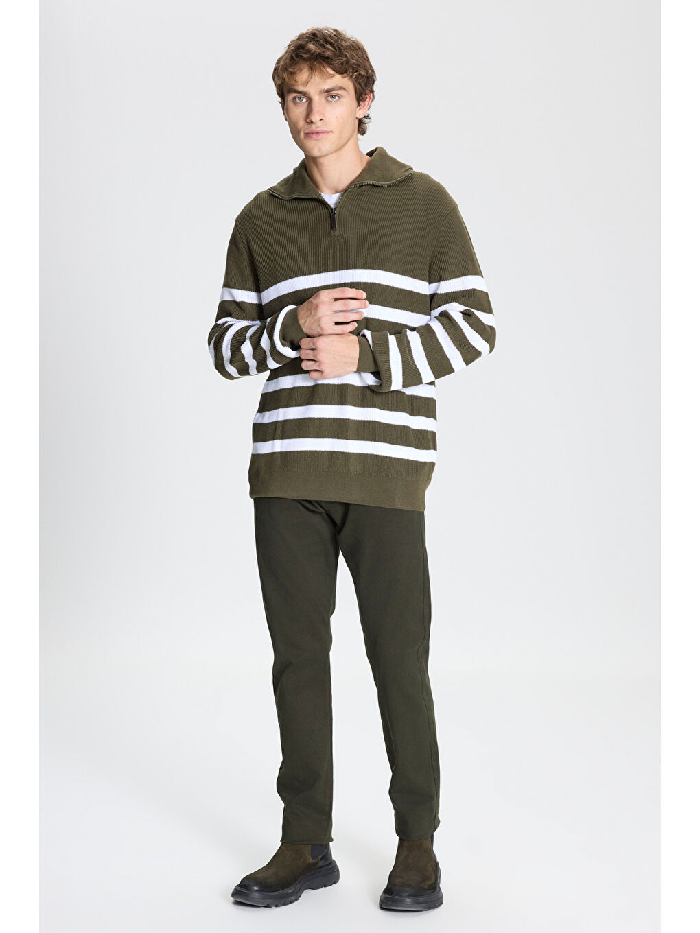 Erkek Haki-Ekru Standart Fit Normal Kesim Bato Yaka Triko Kazak-1