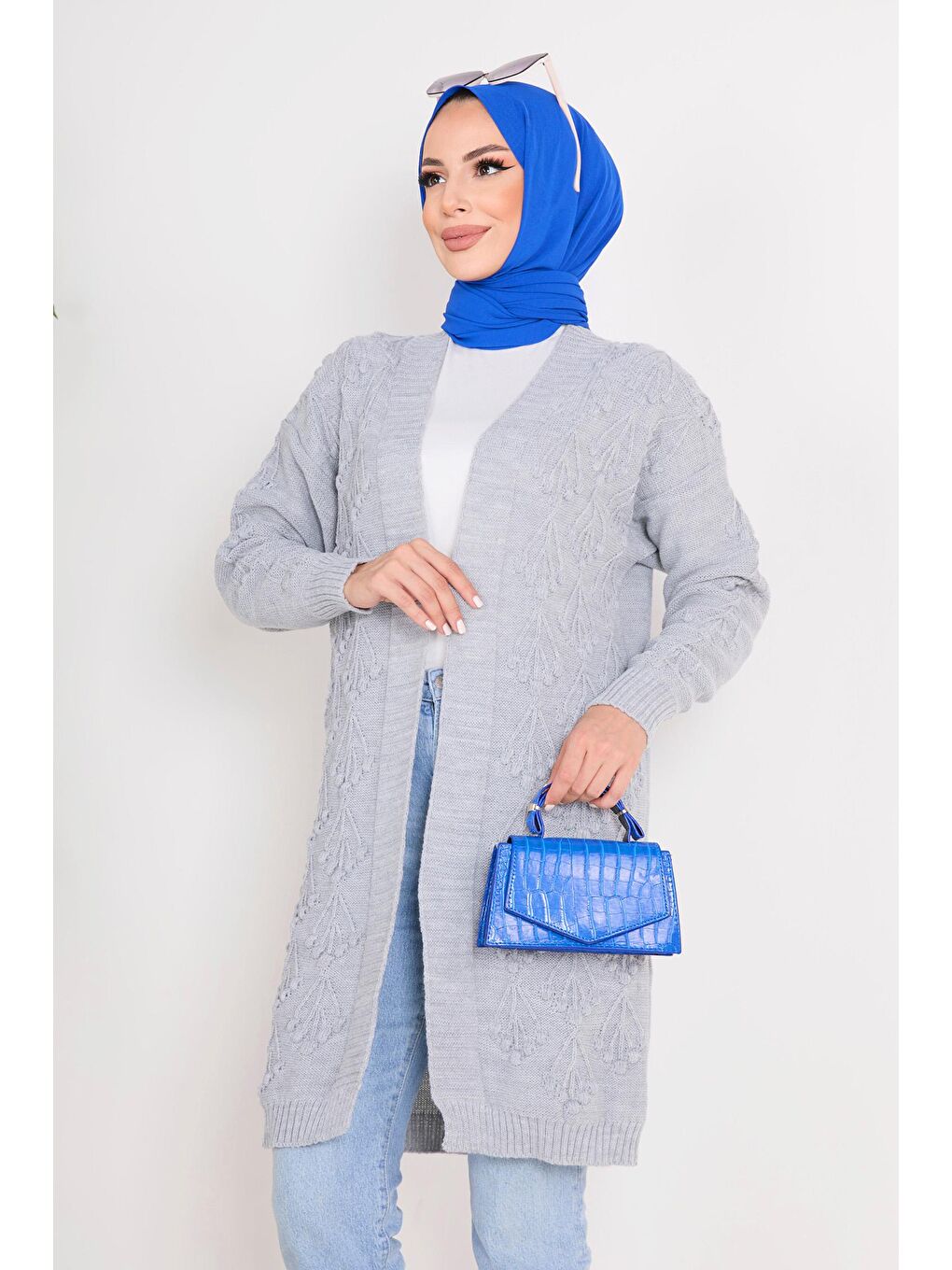 Ceket Yaka Kadın Gri Triko Hırka - 23092