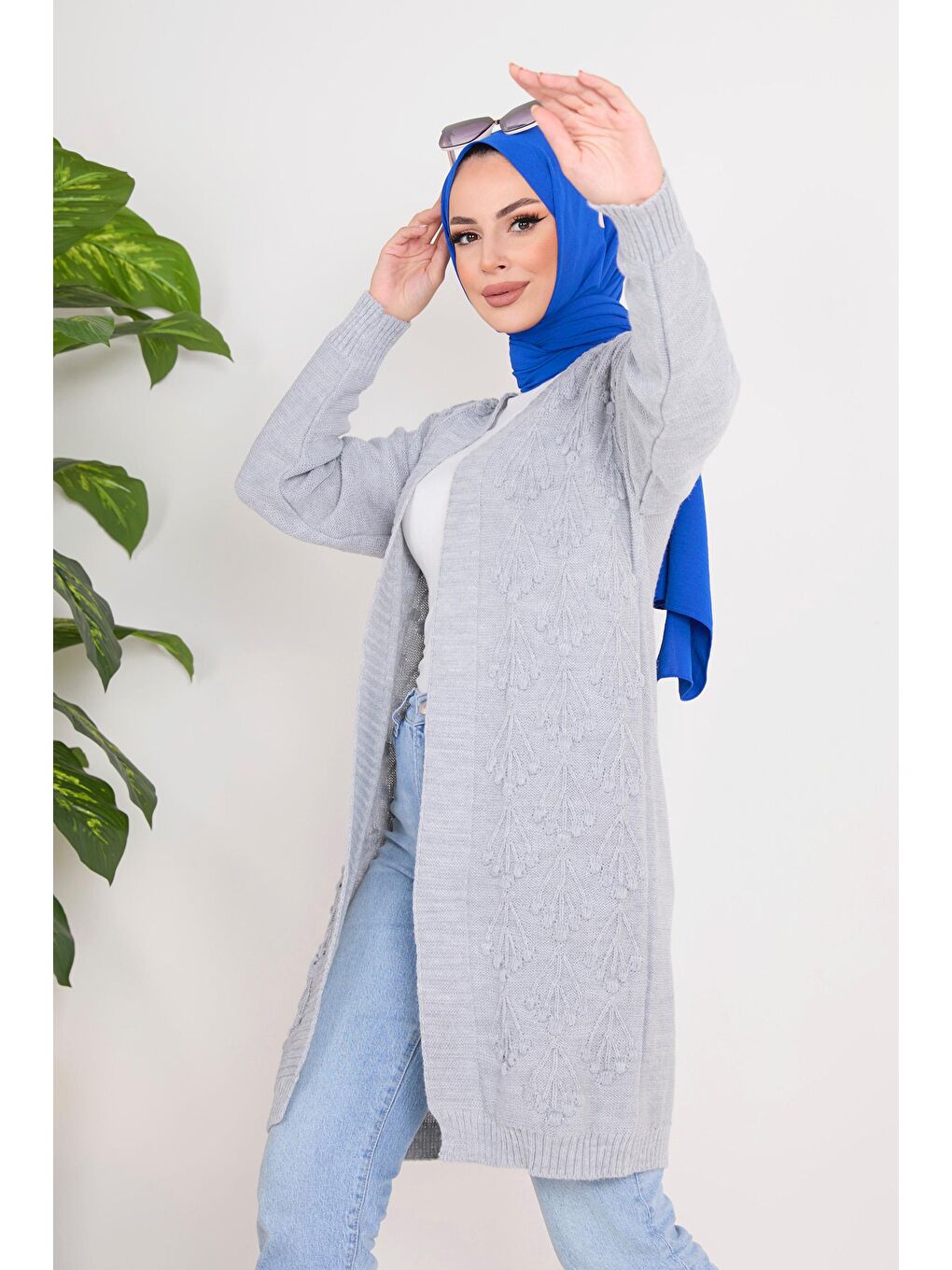 Ceket Yaka Kadın Gri Triko Hırka - 23092-1