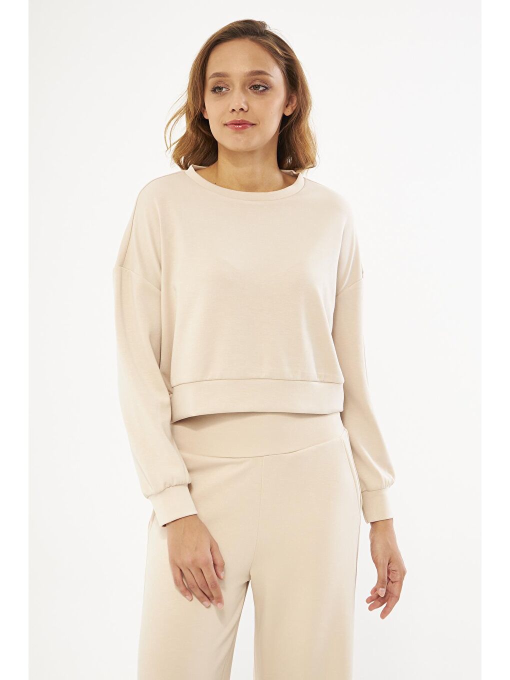 Chandraswear Bej Kadın Uzun Kollu Crop Sweatshirt - Gobi - 2