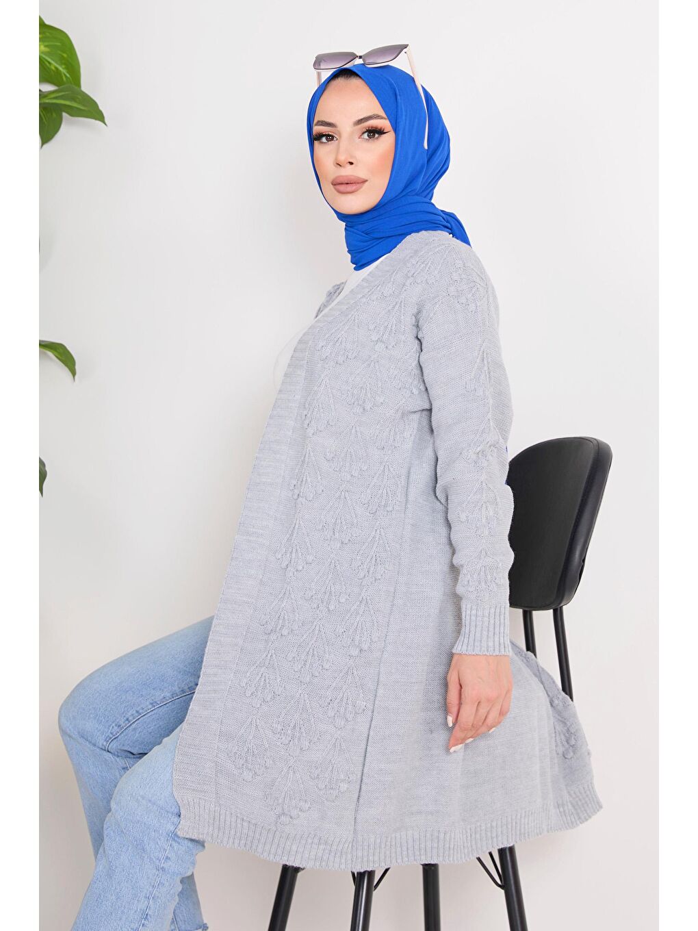 Ceket Yaka Kadın Gri Triko Hırka - 23092-2