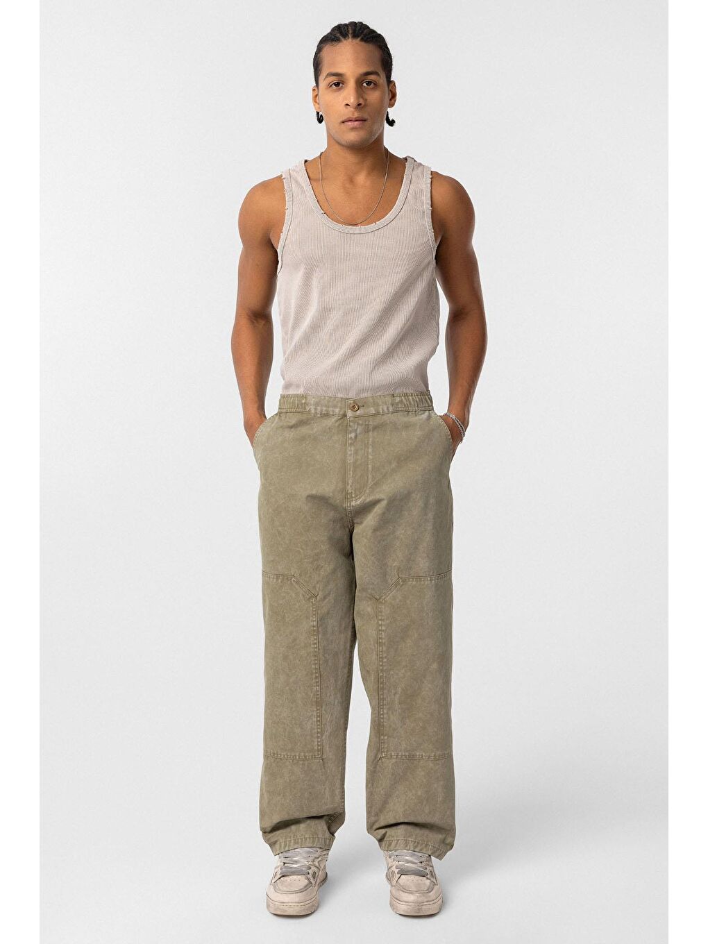Yıkamalı Baggy Gabardin Erkek Pantolon Haki