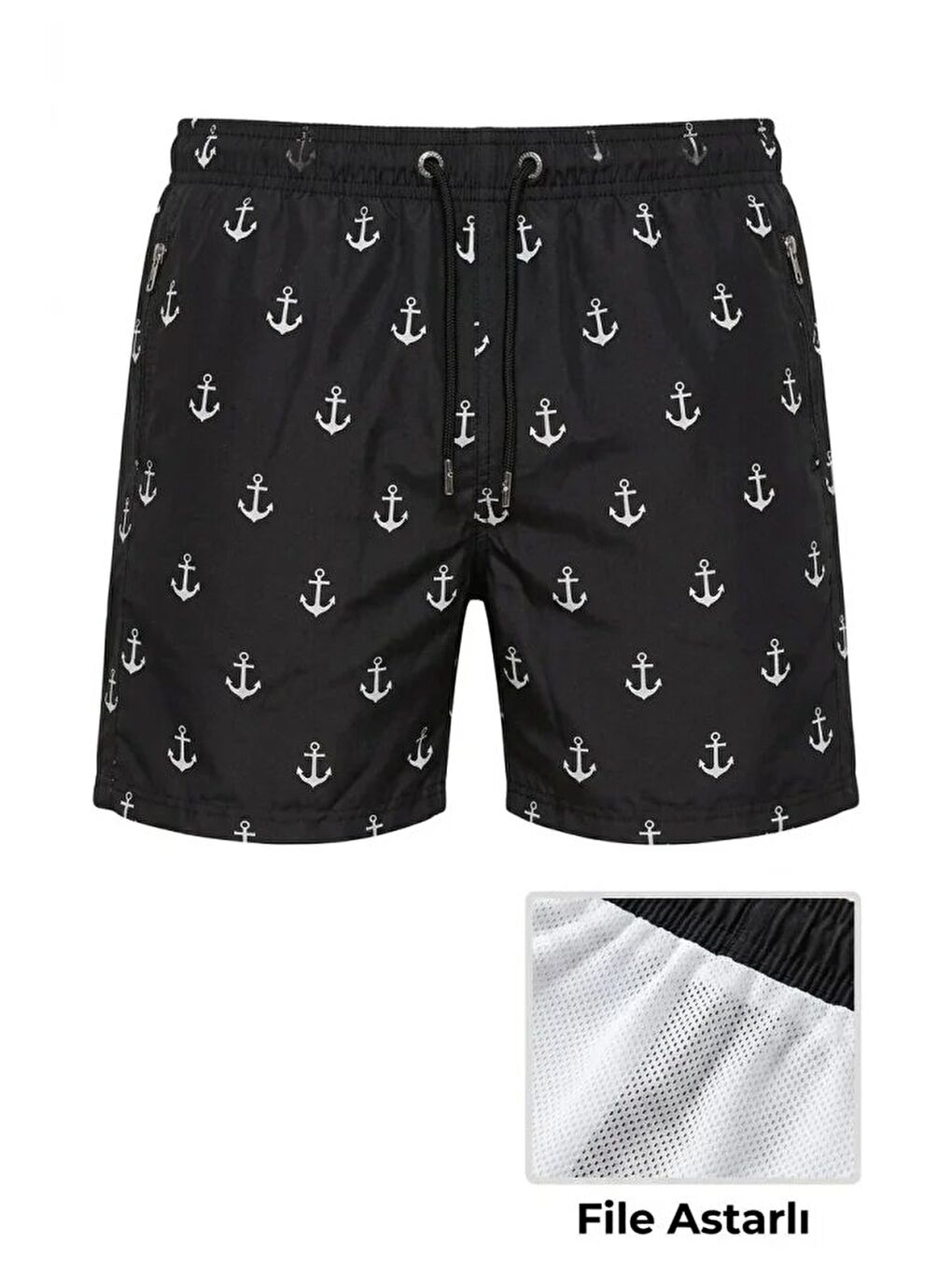 Erkek Deniz Şortu Fermuarlı Cepli File Astarlı Hızlı Kuruyan Premium - Siyah