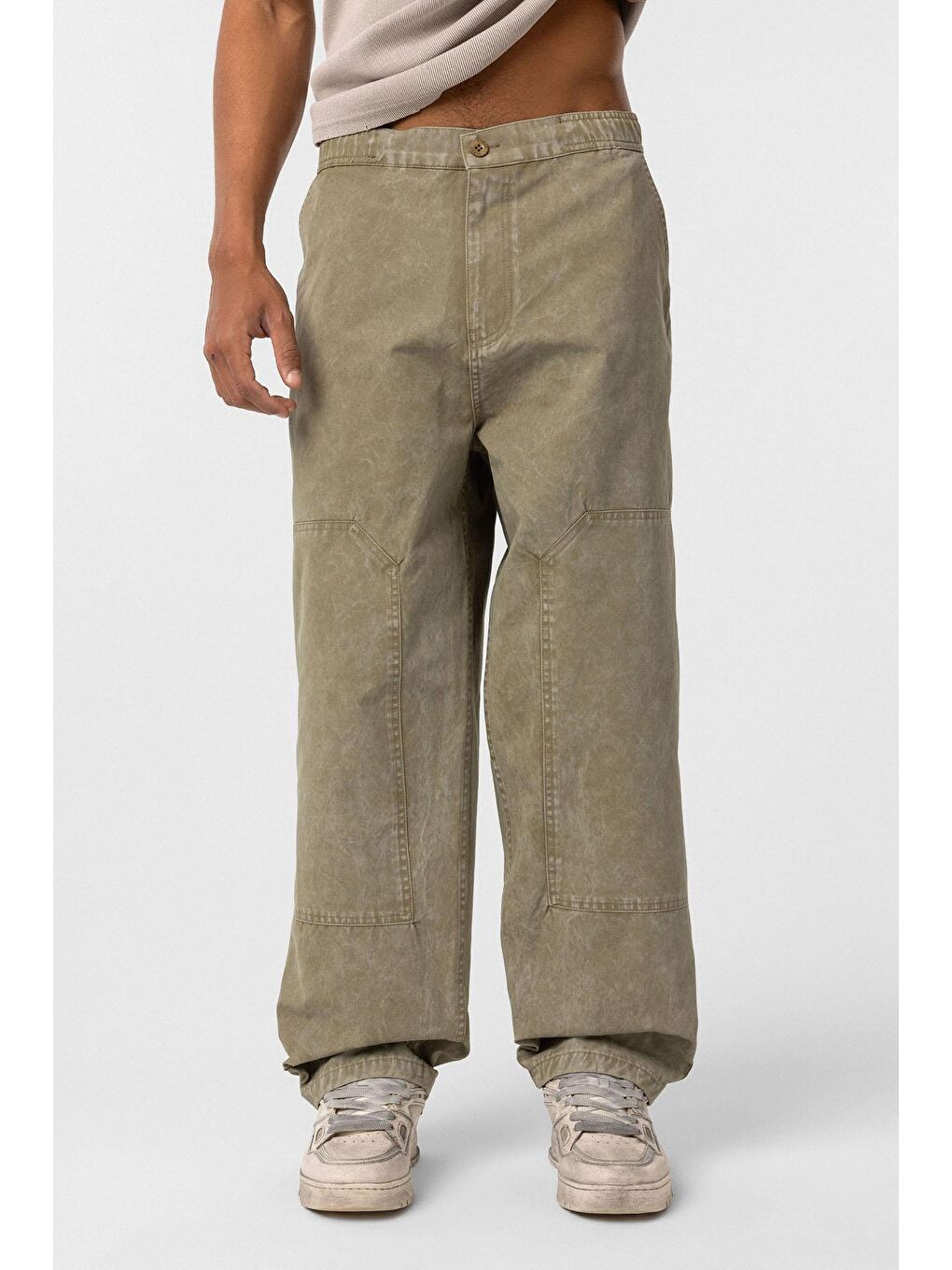 Yıkamalı Baggy Gabardin Erkek Pantolon Haki-2