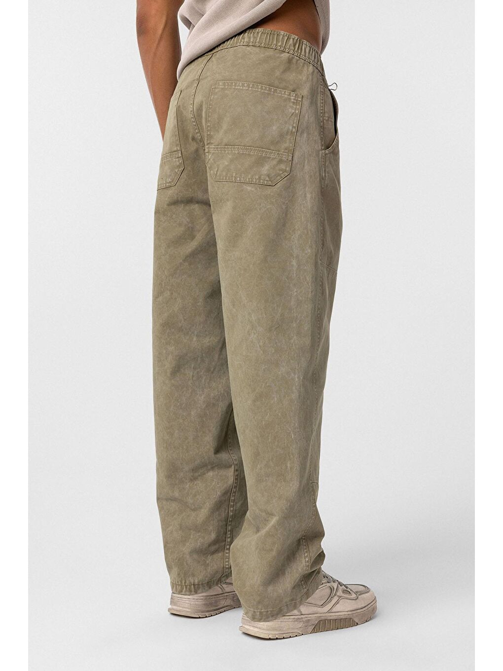 Yıkamalı Baggy Gabardin Erkek Pantolon Haki-4