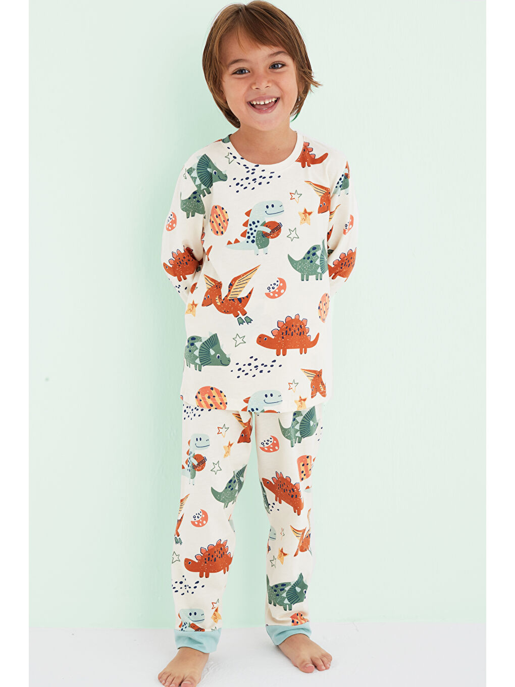 Ekru Erkek Çocuk Krem Renkli Desenli Pamuklu Pijama Takım 24225802-1