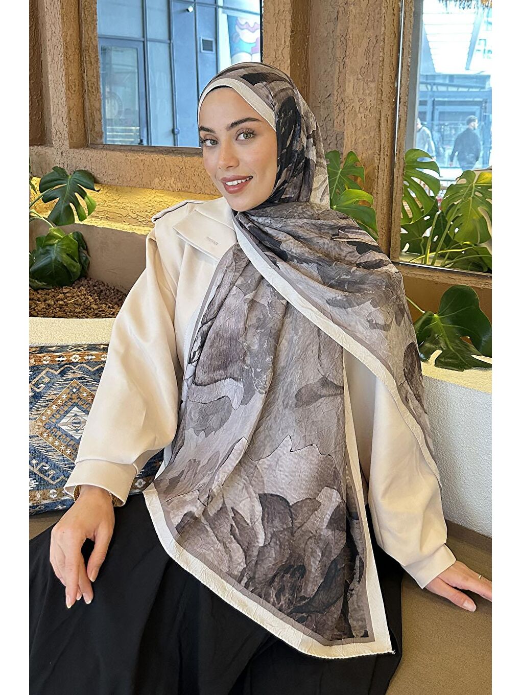 Kahverengi Floral Desen Bambu Şal Toprak-1