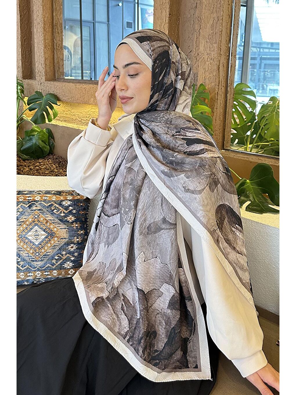 Kahverengi Floral Desen Bambu Şal Toprak-2