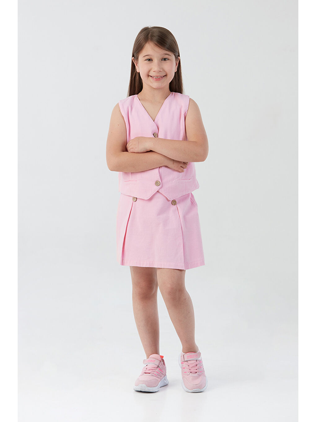 Pembe Yelekli Kız Çocuk Şort Etek 2 Li Takım-1