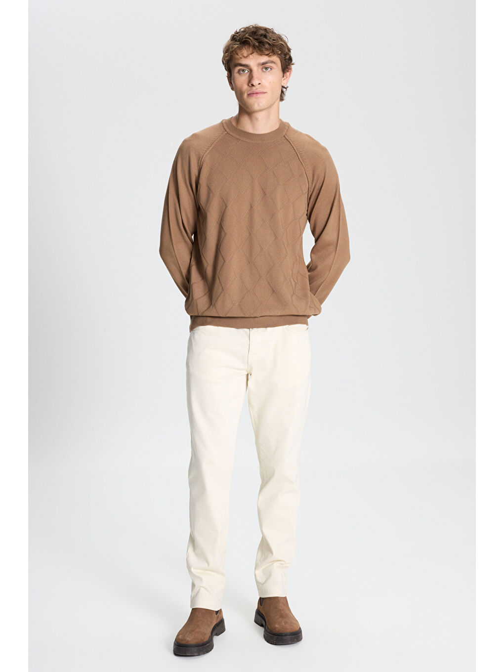 Bej Erkek Vizon Standart Fit Normal Kesim Bisiklet Yaka Jakarlı Triko Kazak-1