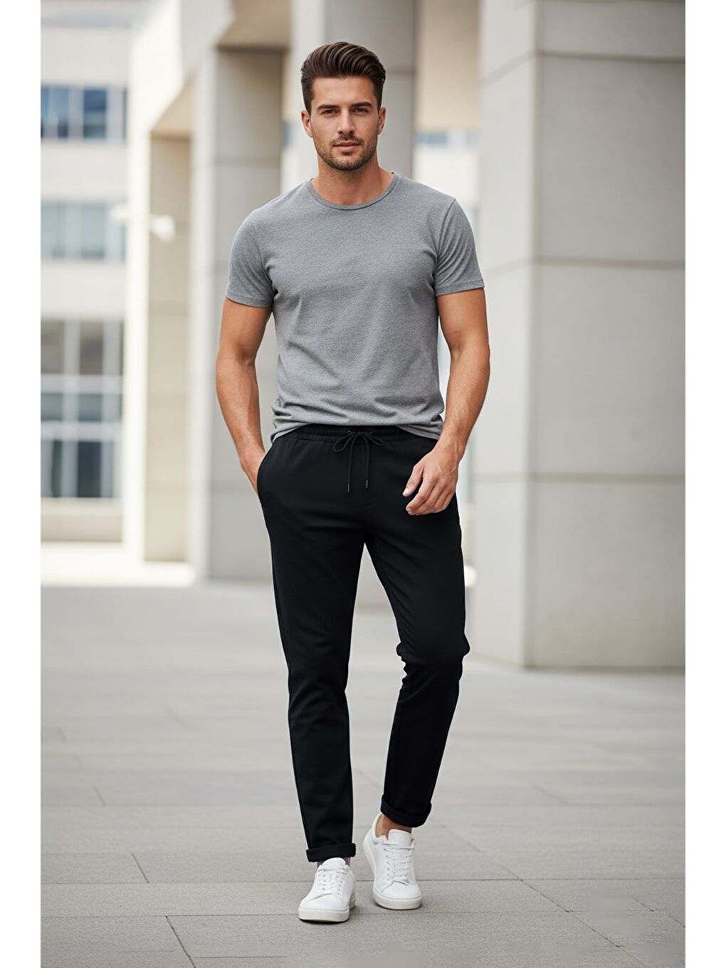 Siyah Beli Bağlamalı Duble Paça Pantolon