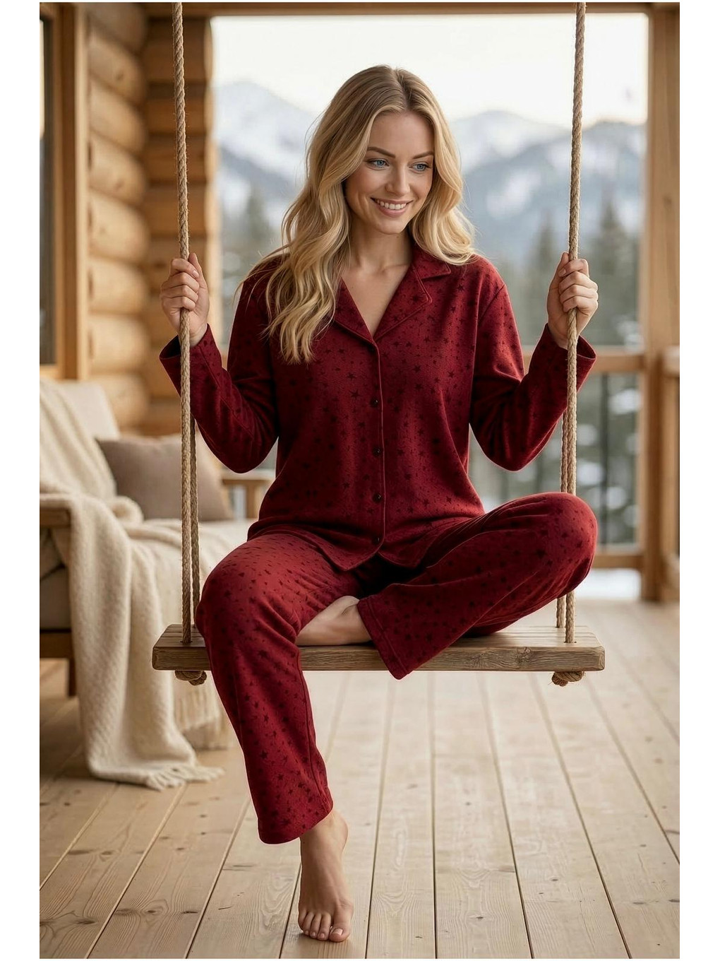 Kırmızı Kadın Süet Gömlek Yaka Boydan Düğmeli Yıldızlı Yüksek Kaliteli Uzun Kollu Pijama Takımı