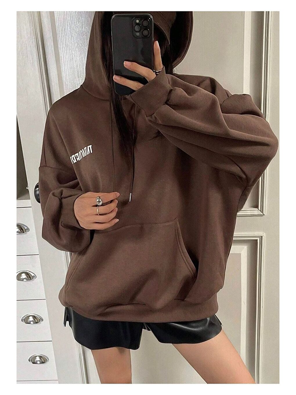 Trendseninle Kadın Kahverengi Inmodern Baskılı Oversize Kapüşonlu Sweatshirt Hoodie