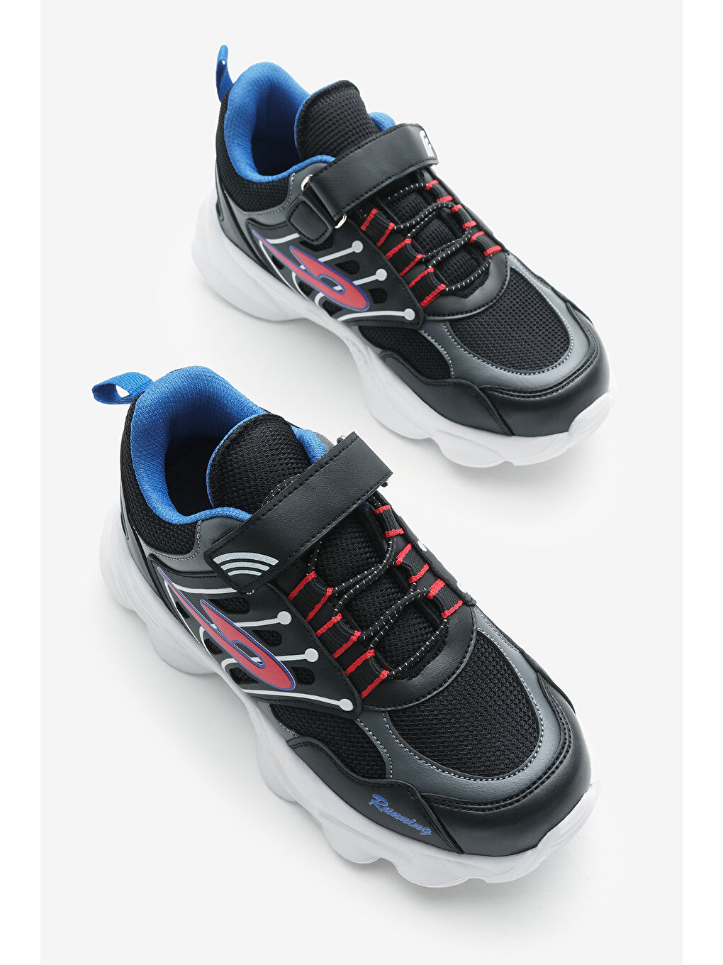 Çocuk Unisex Siyah Sax Faylon Taban Desenli Lastik Bağcıklı ve Cırtlı Spor Ayakkabı